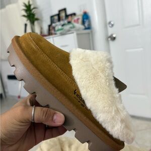 UGG Kids' Tan Slippers with Cream Fur